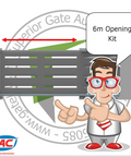 Cartoon character pointing to a gate with '6m Opening Kit' text and FAC Gate Hardware logo.