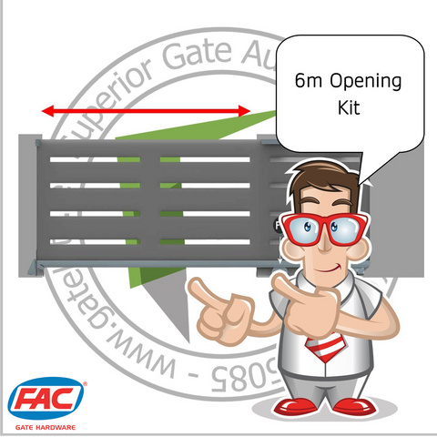 Cartoon character pointing to a gate with '6m Opening Kit' text and FAC Gate Hardware logo.
