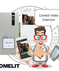 Comelit video intercom system with cartoon character holding devices and text bubble.