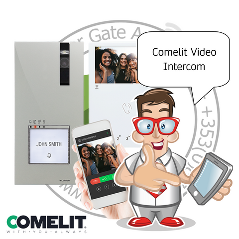 Comelit video intercom system with cartoon character holding devices and text bubble.