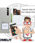 Product advertisement for a gate operation system with a cartoon character holding a phone.