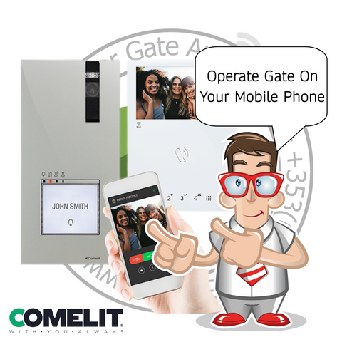 Product advertisement for a gate operation system with a cartoon character holding a phone.