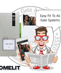 Comelit security system with cartoon character holding a phone and newspaper, featuring text 'Easy Fit To All Gate Systems'.