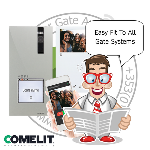 Comelit security system with cartoon character holding a phone and newspaper, featuring text 'Easy Fit To All Gate Systems'.