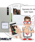 Product display with a cartoon character holding a phone, showing a video call interface, and text 'Operates On All Gate Types' with Comelit branding.