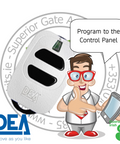 gatekits.ie character holding a tablet next to a DEA remote, with text 'Program to the Control Panel'.
