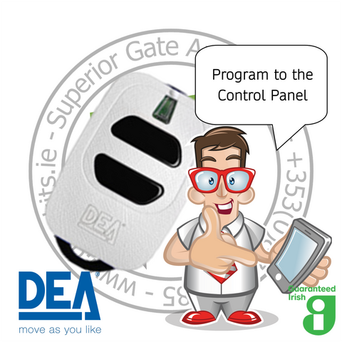 gatekits.ie character holding a tablet next to a DEA remote, with text 'Program to the Control Panel'.