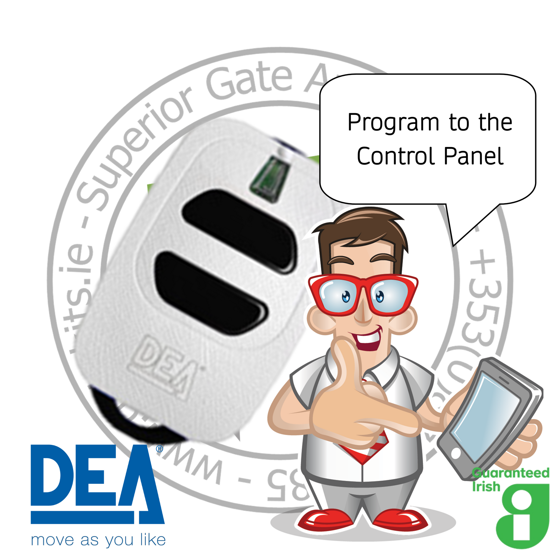 gatekits.ie character holding a tablet next to a DEA remote, with text 'Program to the Control Panel'.