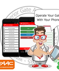 Cartoon character with FAAC logo and smartphone app interface, promoting gate operation with phone.