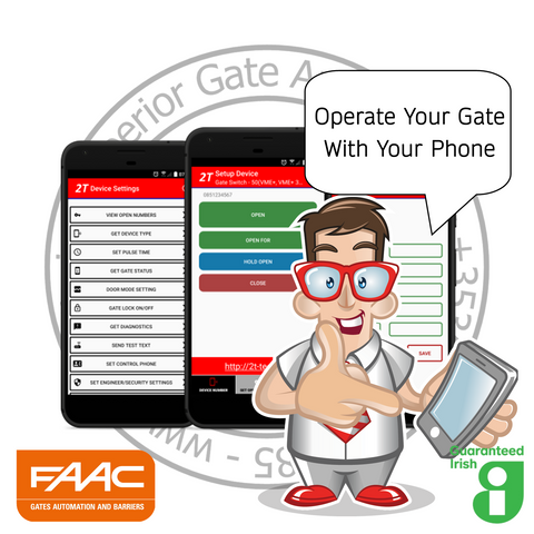 Cartoon character with FAAC logo and smartphone app interface, promoting gate operation with phone.