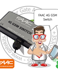 FAAC 4G GSM Switch with a cartoon character holding a smartphone, set against a white background.