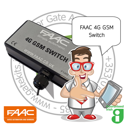 FAAC 4G GSM Switch with a cartoon character holding a smartphone, set against a white background.