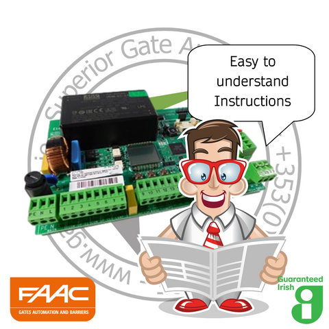 Cartoon character with FAAC logo and electronic board, holding a newspaper with 'Easy to understand Instructions' text.