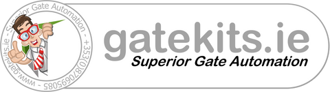 Logo for gatekits.ie with a cartoon character and text about superior gate automation.