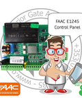 FAAC E124S control panel with a cartoon character and FAAC logo.