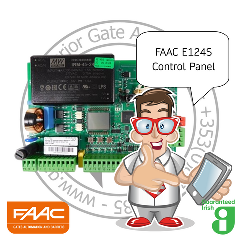 FAAC E124S control panel with a cartoon character and FAAC logo.
