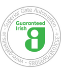 Circular logo with 'Guaranteed Irish' text and green 'g' on a white background