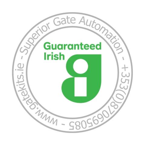 Circular logo with 'Guaranteed Irish' text and green 'g' on a white background