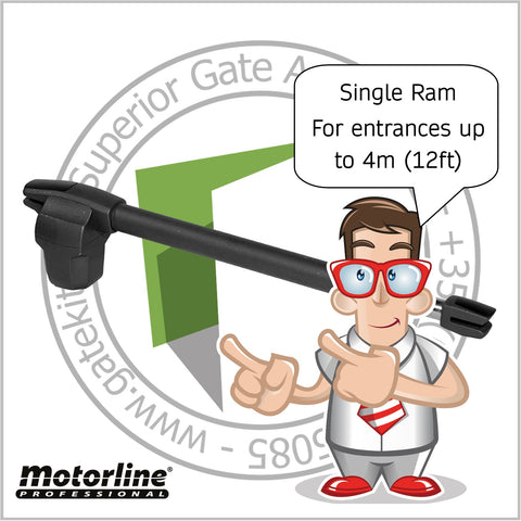 A cartoon illustration of a person with glasses and a black swing gate kit, indicating the product is for entrances up to 4m (12ft) in height.